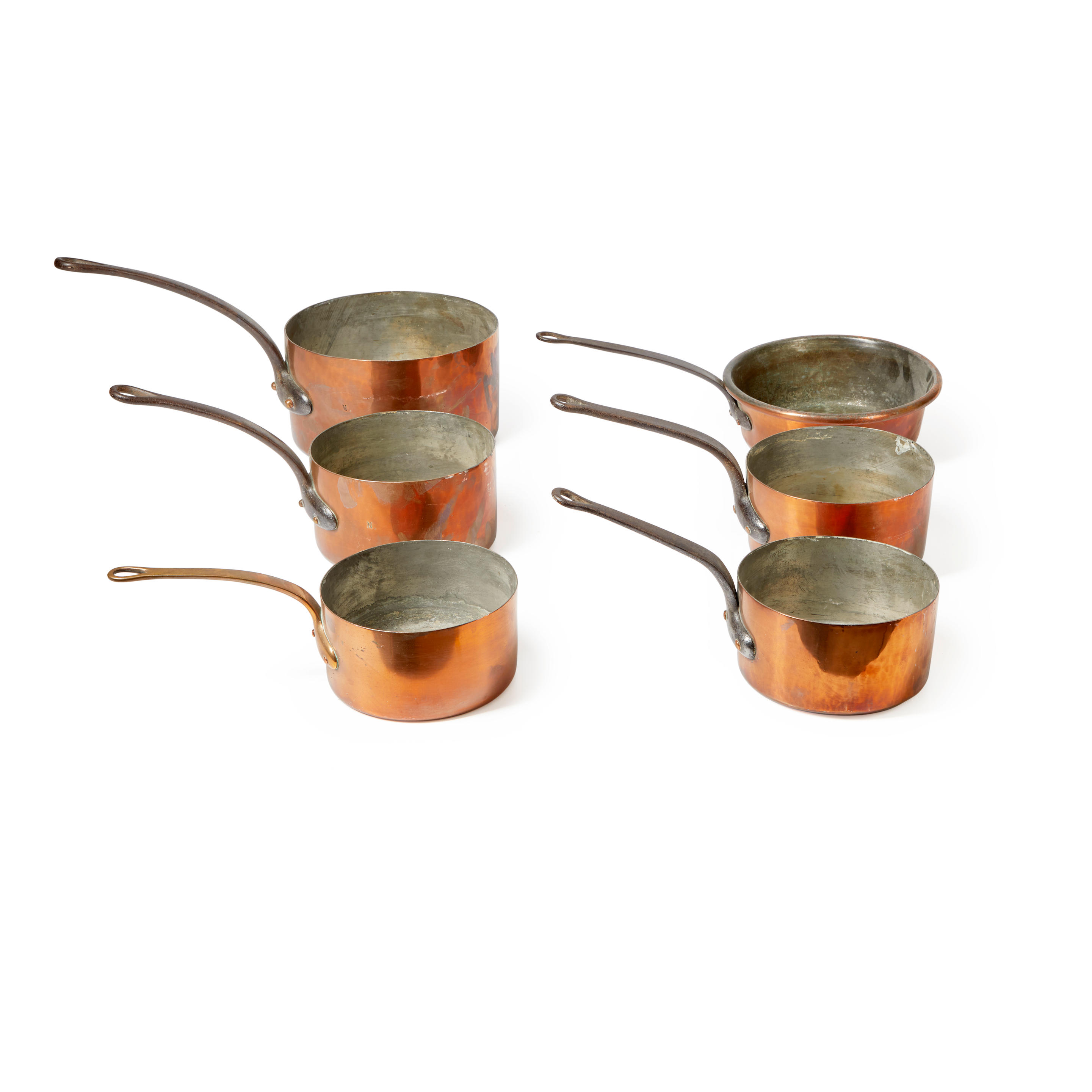 SIX COPPER POTS unmarked, mouth rim