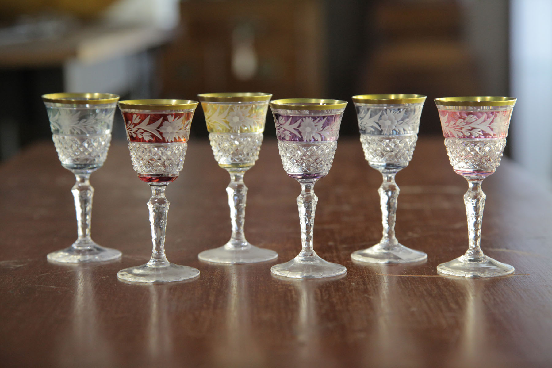 SIX CUT GLASS CORDIALS. 