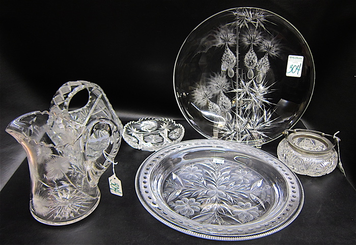 SIX CUT GLASS HOLLOWWARE PIECES: