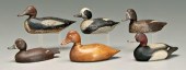 Six duck decoys: three blue bi