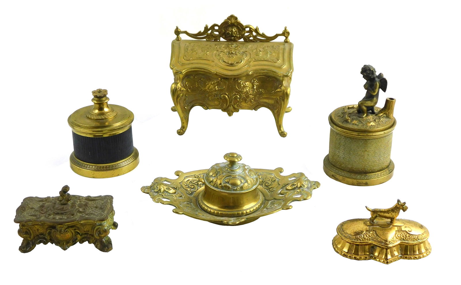 SIX EARLY BRASS INKSTANDS AND STAMP