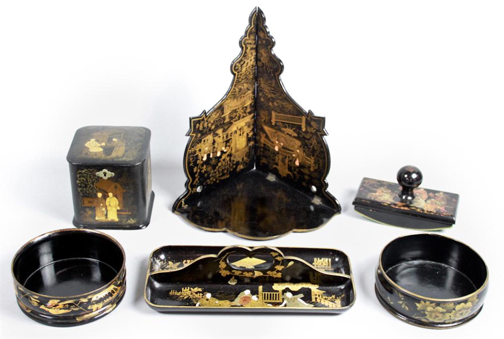 SIX ENGLISH CHINOISERIE LACQUERED