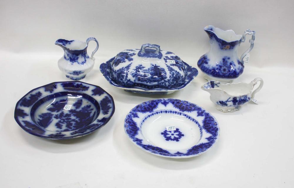 SIX ENGLISH FLOW BLUE TABLEWARE