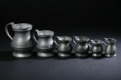 SIX ENGLISH PEWTER SPIRIT MEAS