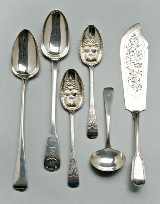 Six English silver serving