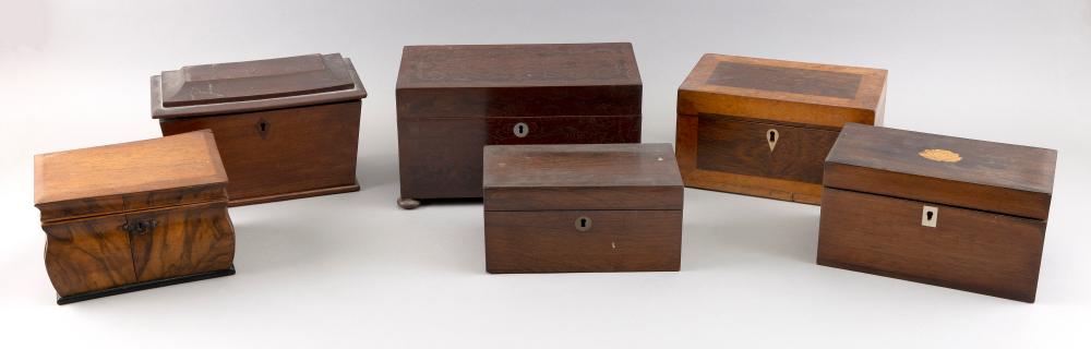 SIX ENGLISH WOODEN TEA CADDIES 19TH