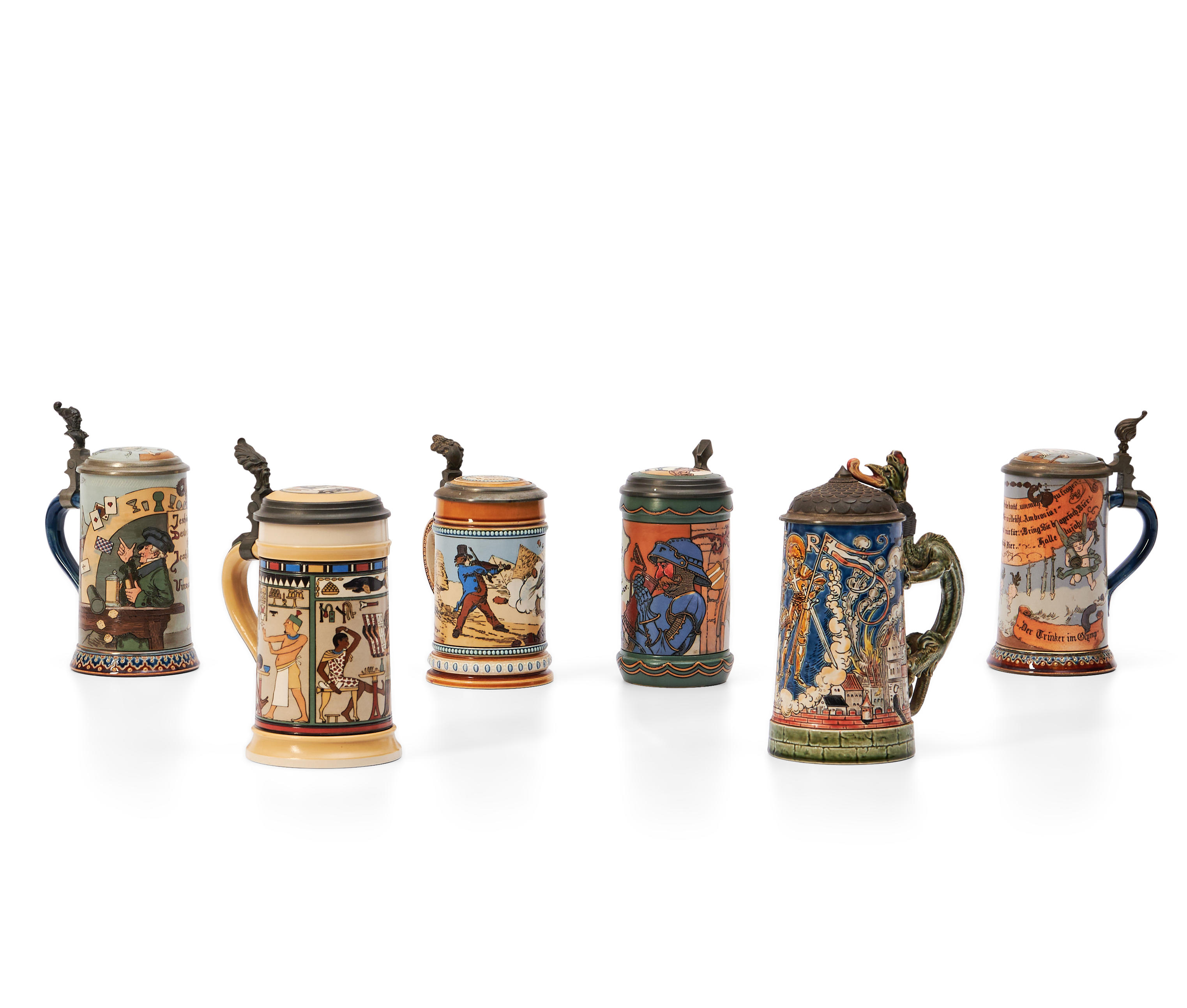 SIX ETCHED METTLACH ½ LITRE STEINS,