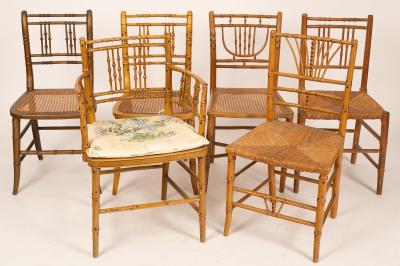 Six faux bamboo chairs, four with