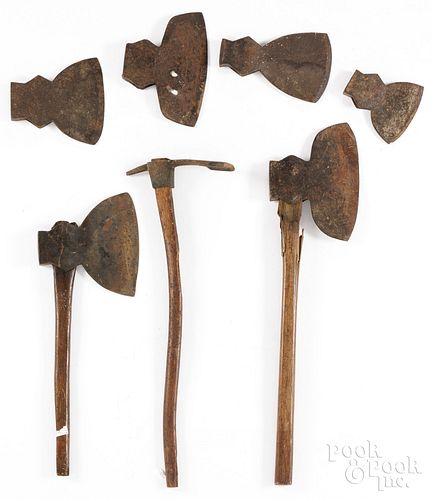 SIX FORGED IRON AXES, ETC.Six