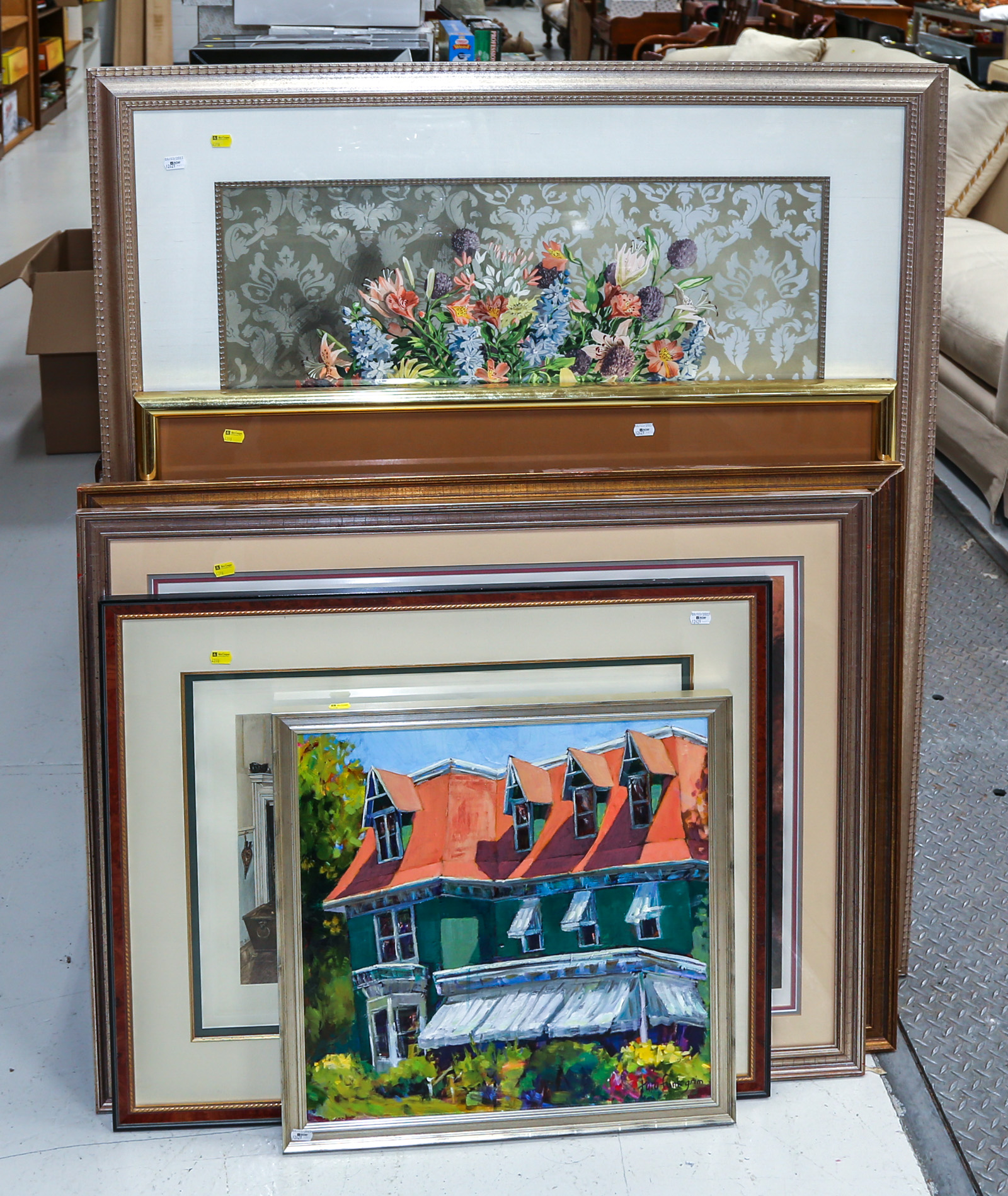 SIX FRAMED ARTWORKS Including two