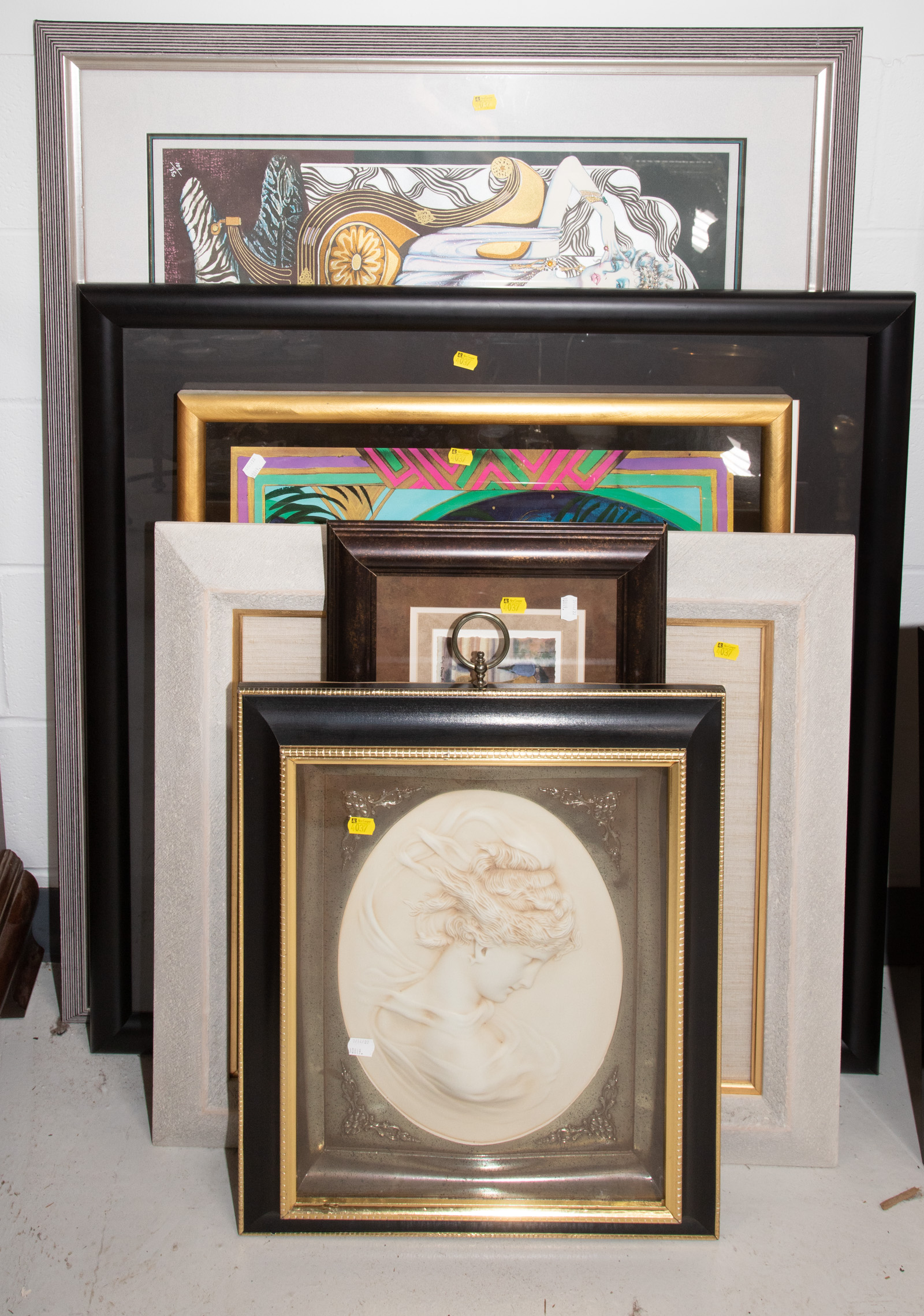 SIX FRAMED ARTWORKS & WALL