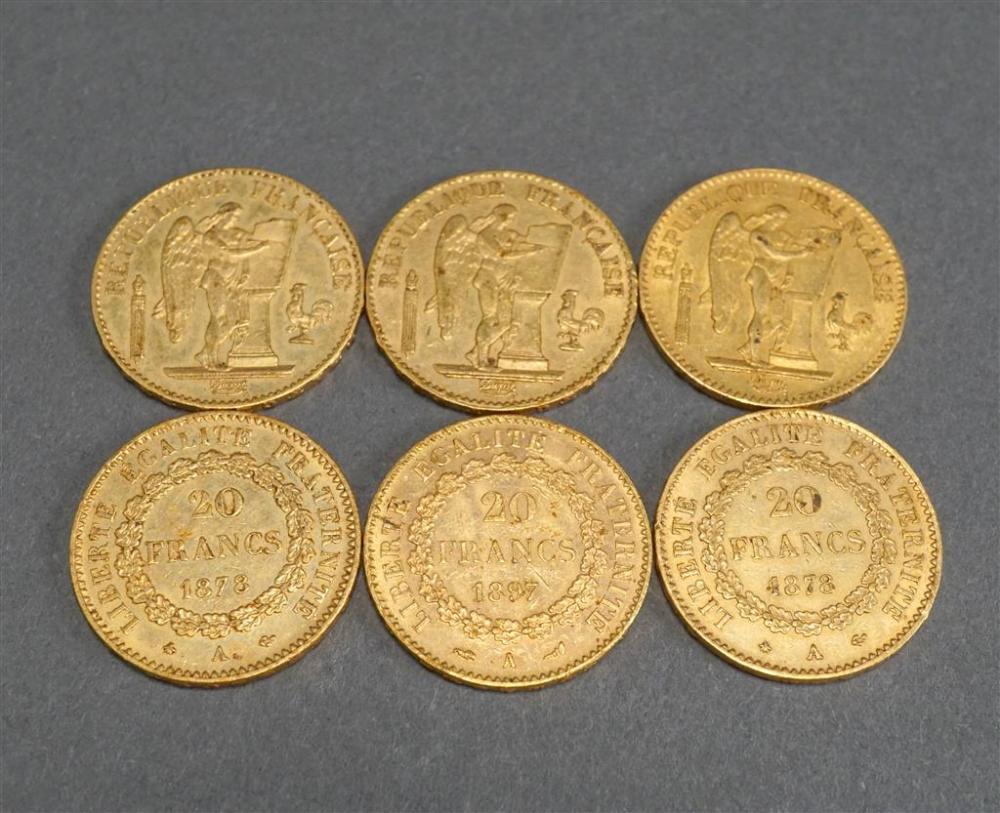 SIX FRENCH 20-FRANCS GOLD