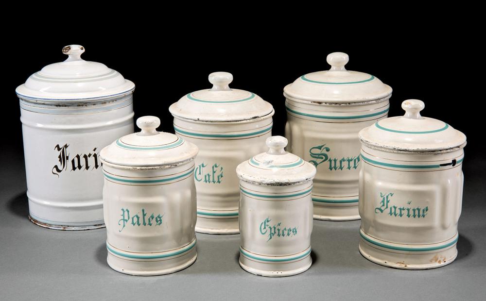 SIX FRENCH PAINTED TIN KITCHEN