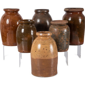 Six Galena Glaze Redware Crocks