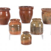 Six Galena Glaze Redware Jars
