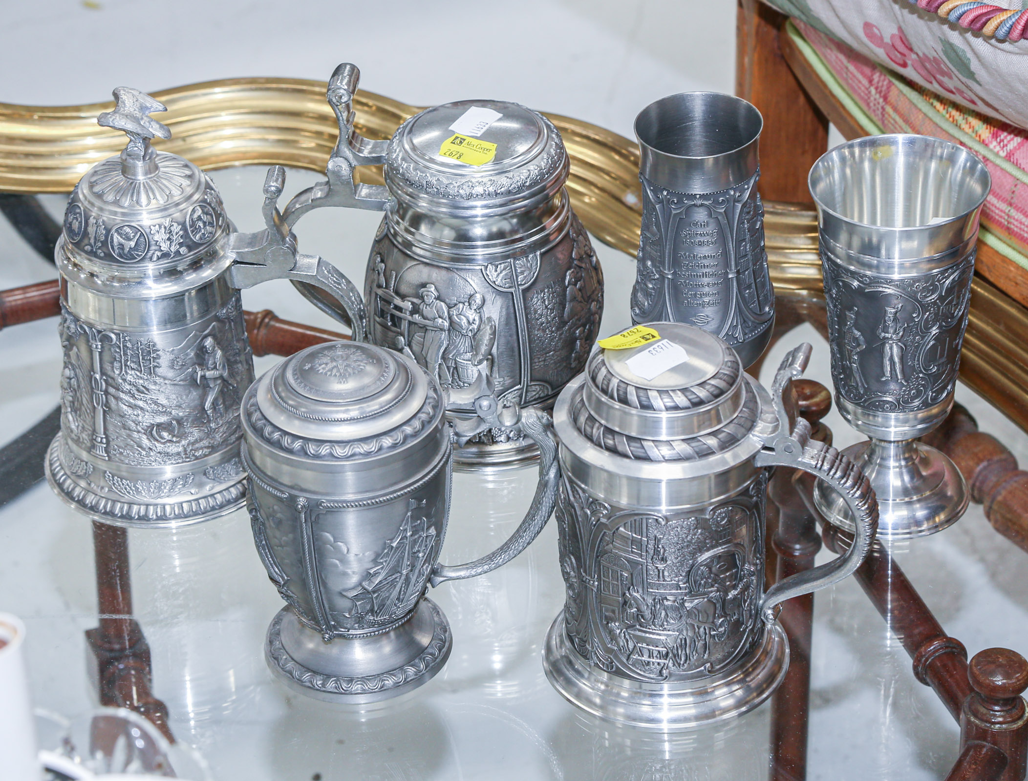 SIX GERMAN PEWTER DRINKING