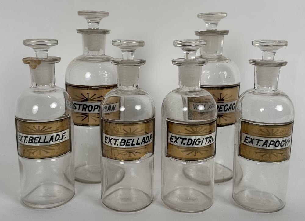 SIX GLASS APOTHECARY BOTTLES LATE