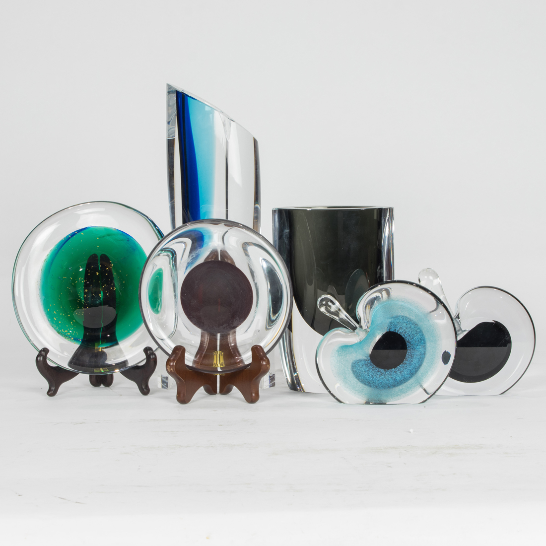 SIX GLASS VASES INCLUDING NOUROT