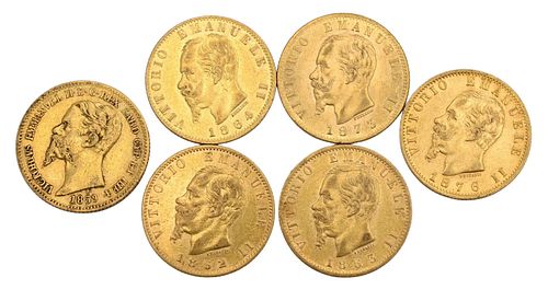 SIX GOLD ITALIAN 20 LIRE COINSSix