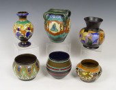 SIX GOUDA POTTERY VASES AND JA