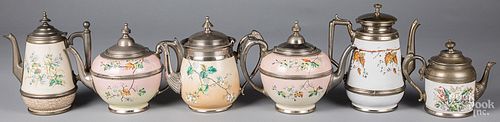SIX GRANITEWARE TEA AND COFFEE