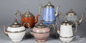 SIX GRANITEWARE TEA AND COFFEE