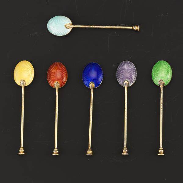 SIX GUILLOCHE ENAMEL GOLD WASHED