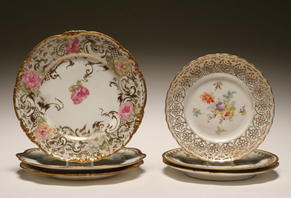 Six hand painted floral and gilt