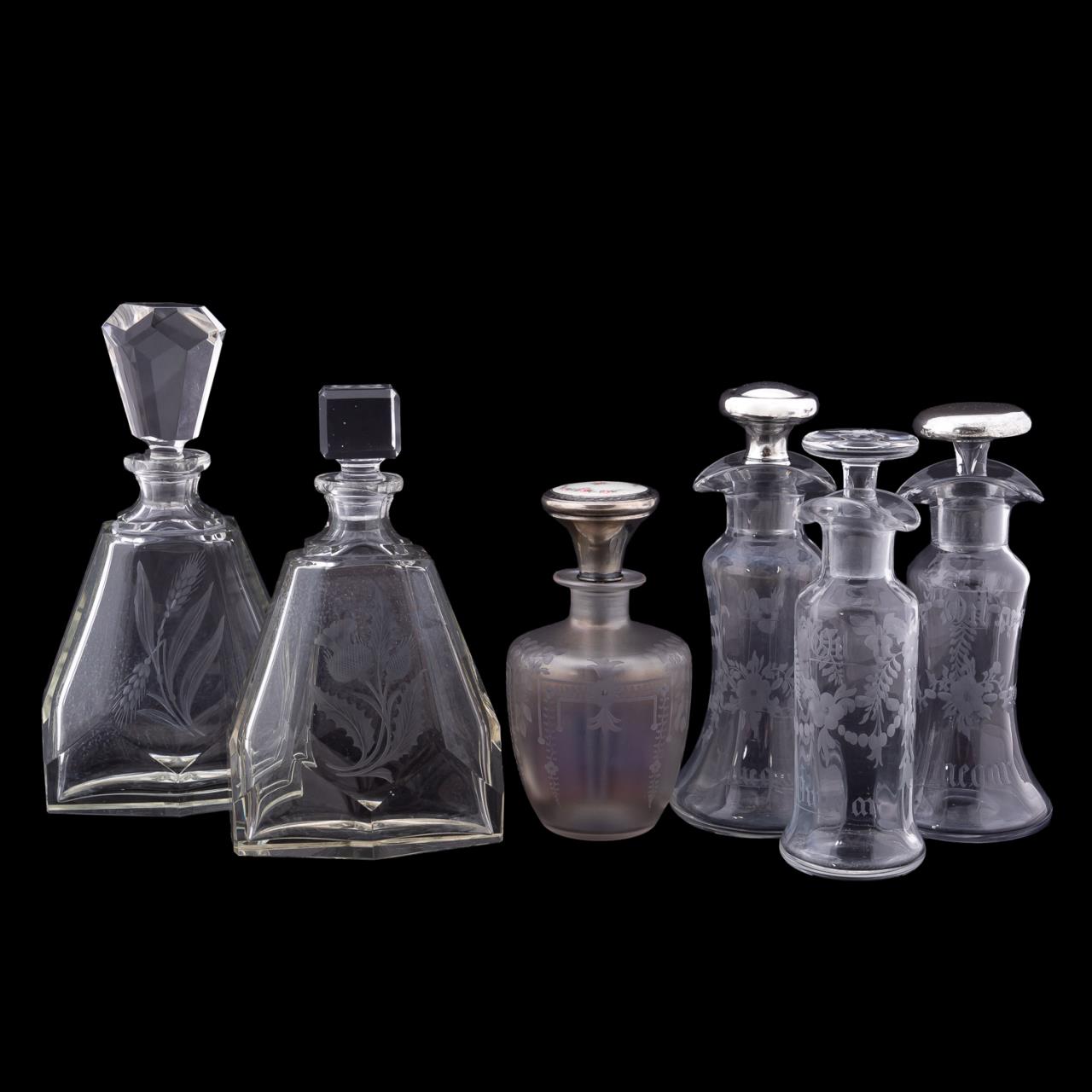 SIX HAWKES ETCHED GLASS BOTTLES,