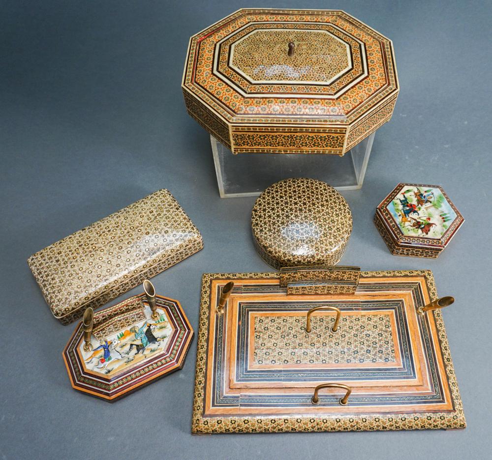 SIX INDO-PERSIAN INLAID LACQUERED