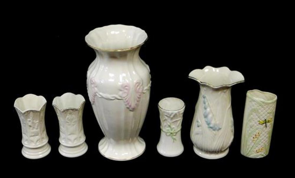SIX IRISH BELLEEK VASES, 20TH C.,