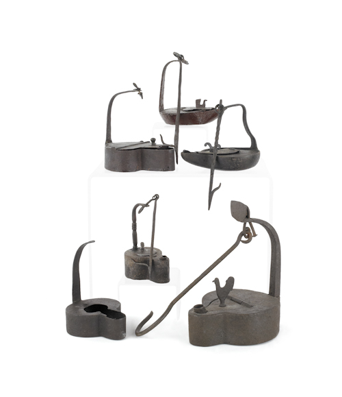 Six iron Betty lamps 19th/20th c.