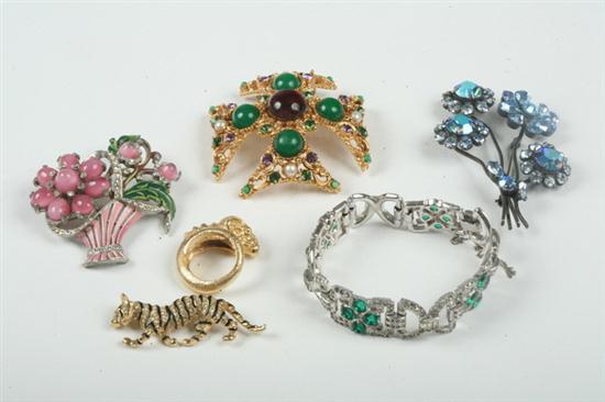 SIX ITEMS COSTUME JEWELRY Signed