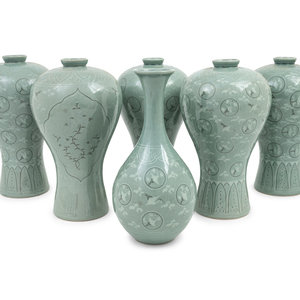 Six Korean Celadon Ground 'Crane