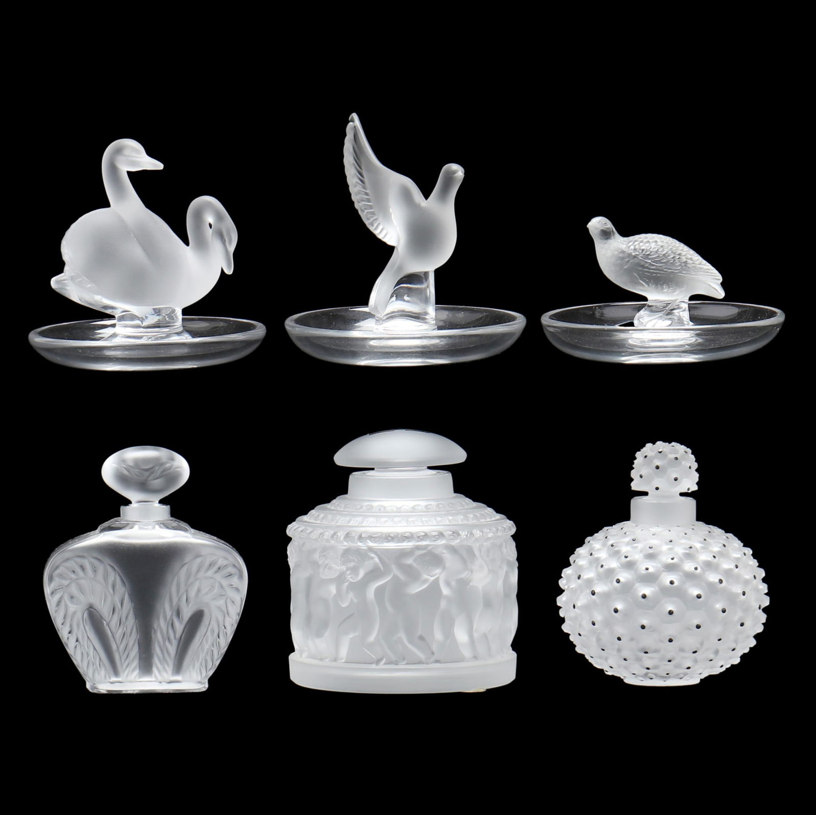SIX LALIQUE CRYSTAL BOUDOIR