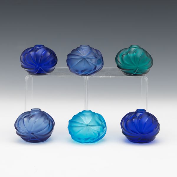 SIX LALIQUE GLASS SOLIFORE VASES,