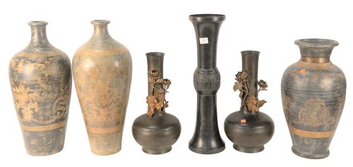 SIX LARGE VASES, THREE BRONZE