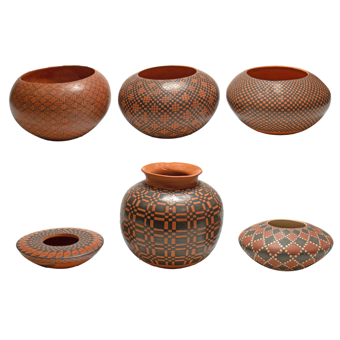 SIX MATA ORTIZ PUEBLO RED POTS WITH