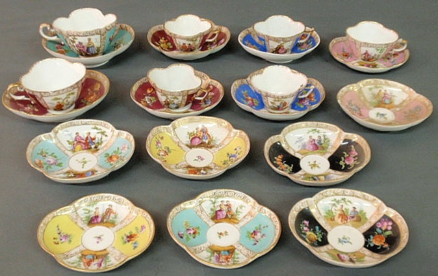 Six Meissen dishes 4.75"l. two cups