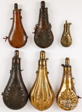 SIX METAL POWDER FLASKS, 19TH