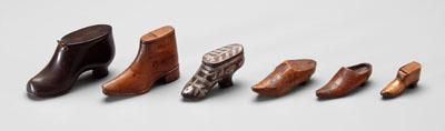 Six miniature shoes, probably snuff