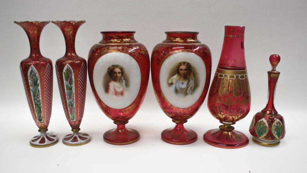 SIX MOSER STYLE CRANBERRY GLASS