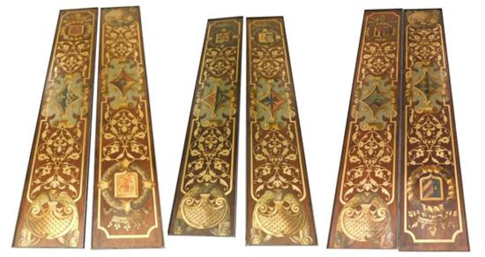SIX PAINTED OBLONG MAHOGANY