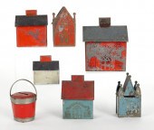 Six painted tin house banks la