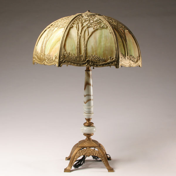 Six panel slag glass lamp; slag