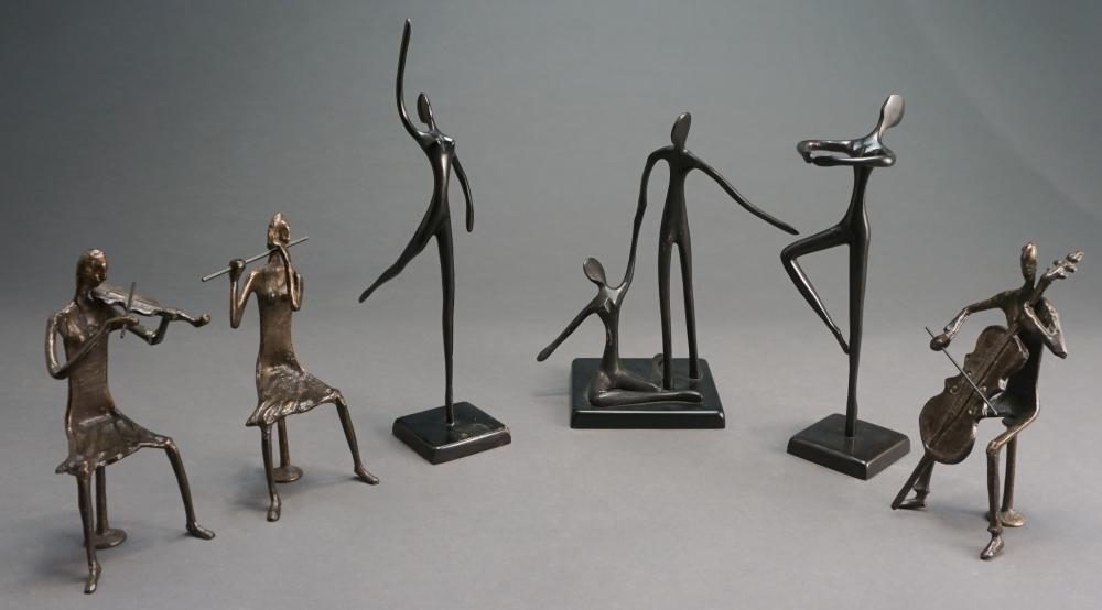 SIX PATINATED METAL FIGURINES OF