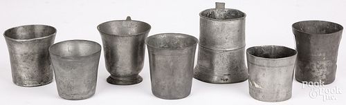 SIX PEWTER BEAKERS, 19TH C., AND