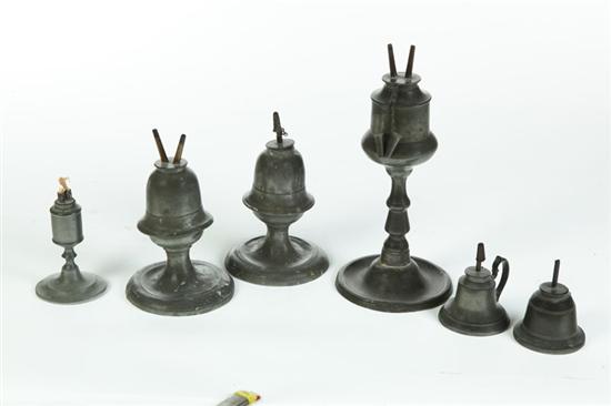 SIX PEWTER LAMPS.  American  19th