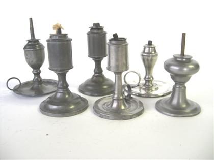 Six pewter sparking lamps   