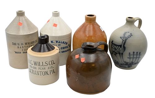 SIX PIECE STONEWARE JUG LOT, ALL